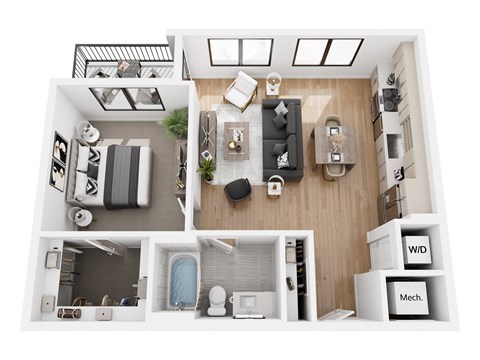 Floor plan for 1 bed, 1 bath, 748 sqft